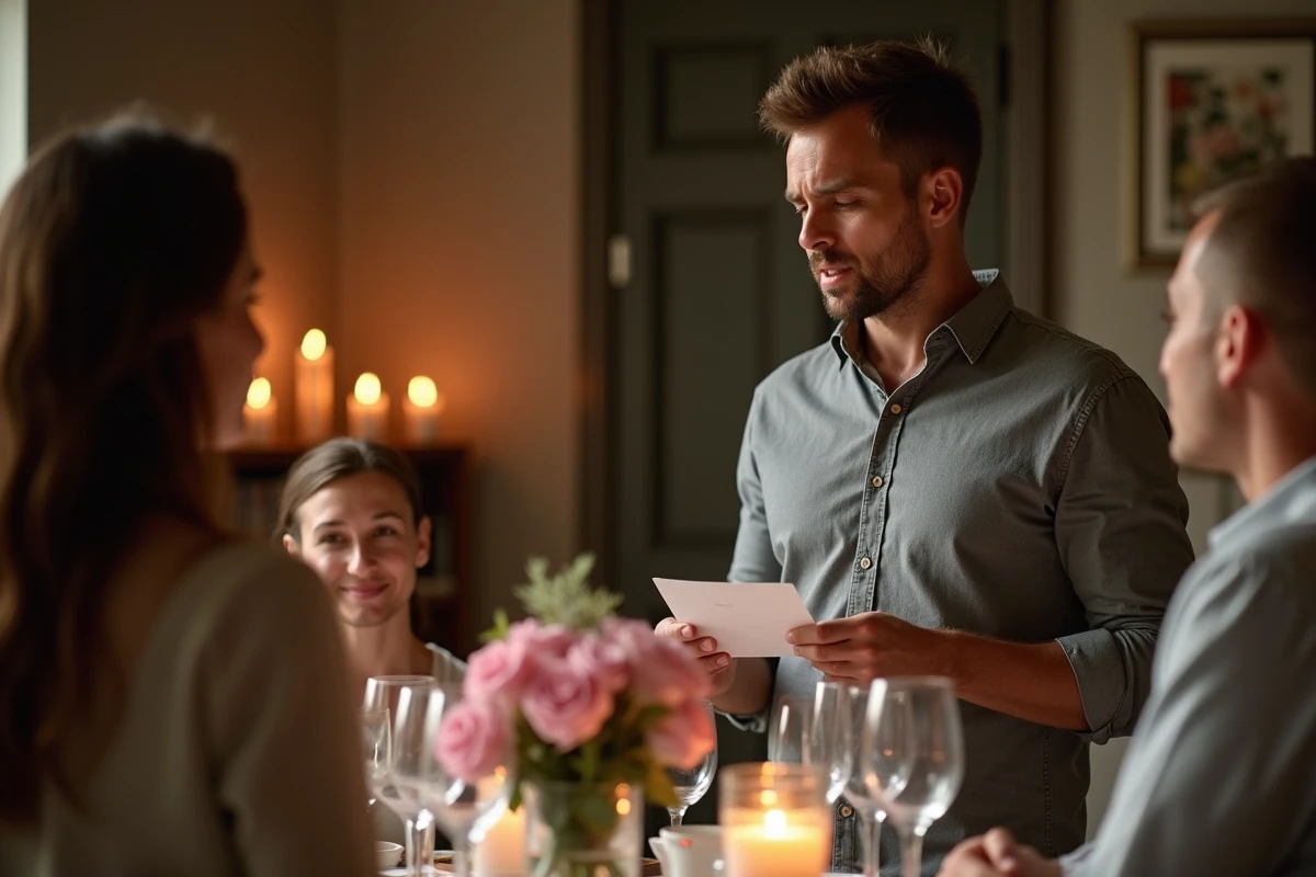 Homme livrant un discours minimaliste sincère sur une simple carte lors d'une célébration de 17 ans de mariage en petit comité