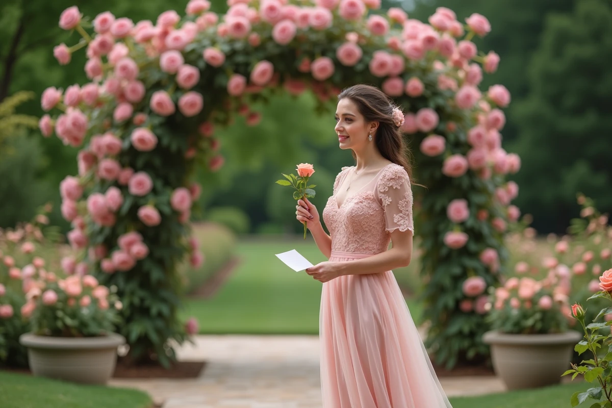 Femme tenant une rose rose et lisant un discours avec métaphore florale dans un jardin de roses en fleurs