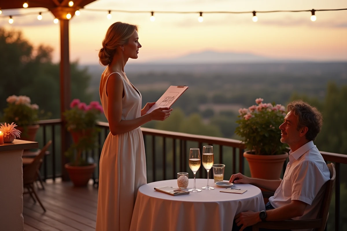 Femme livrant un discours tourné vers l'avenir du couple sur une terrasse lors de leur célébration de 17 ans de mariage