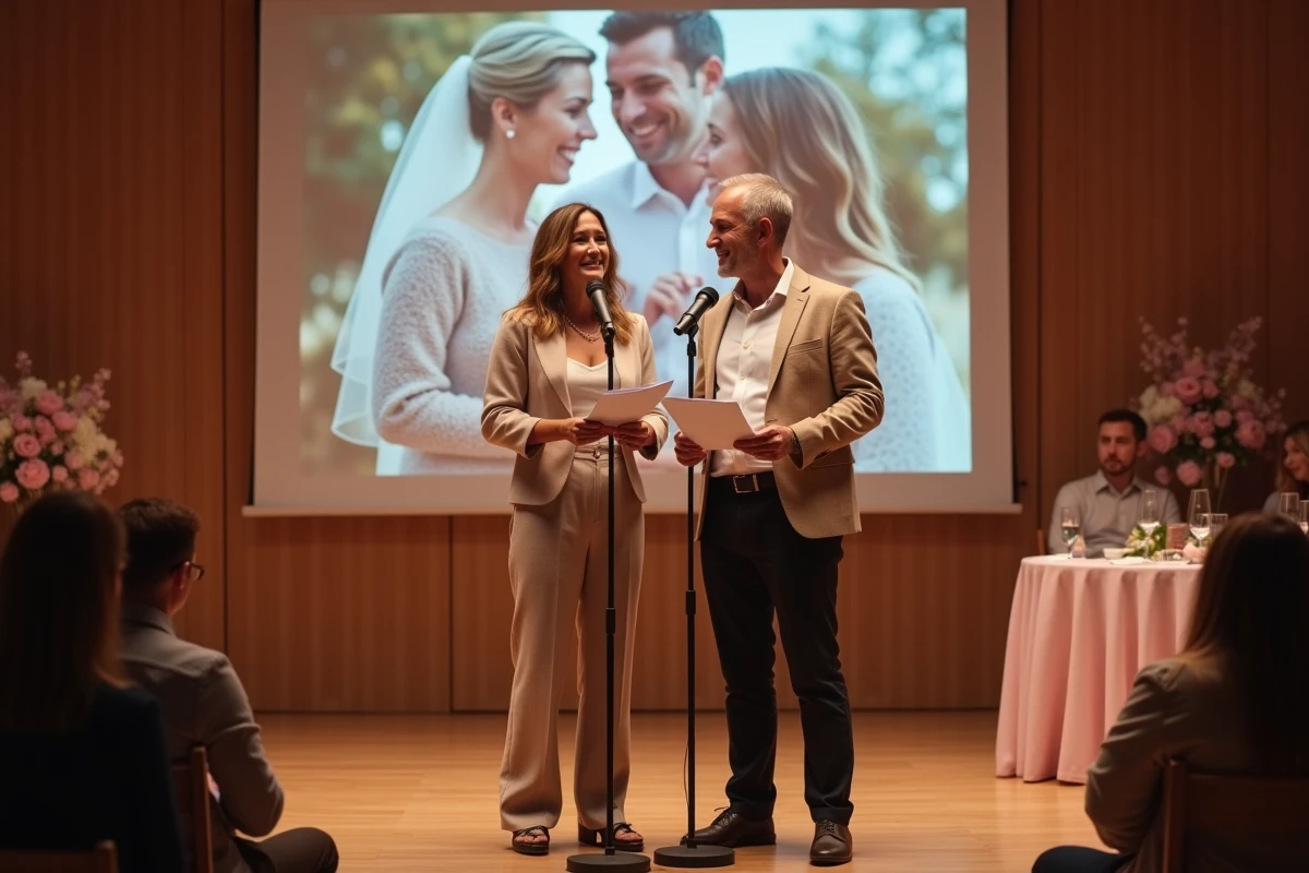 Couple lisant un discours d'anniversaire de mariage à deux voix en tenant chacun une partie du script partagé