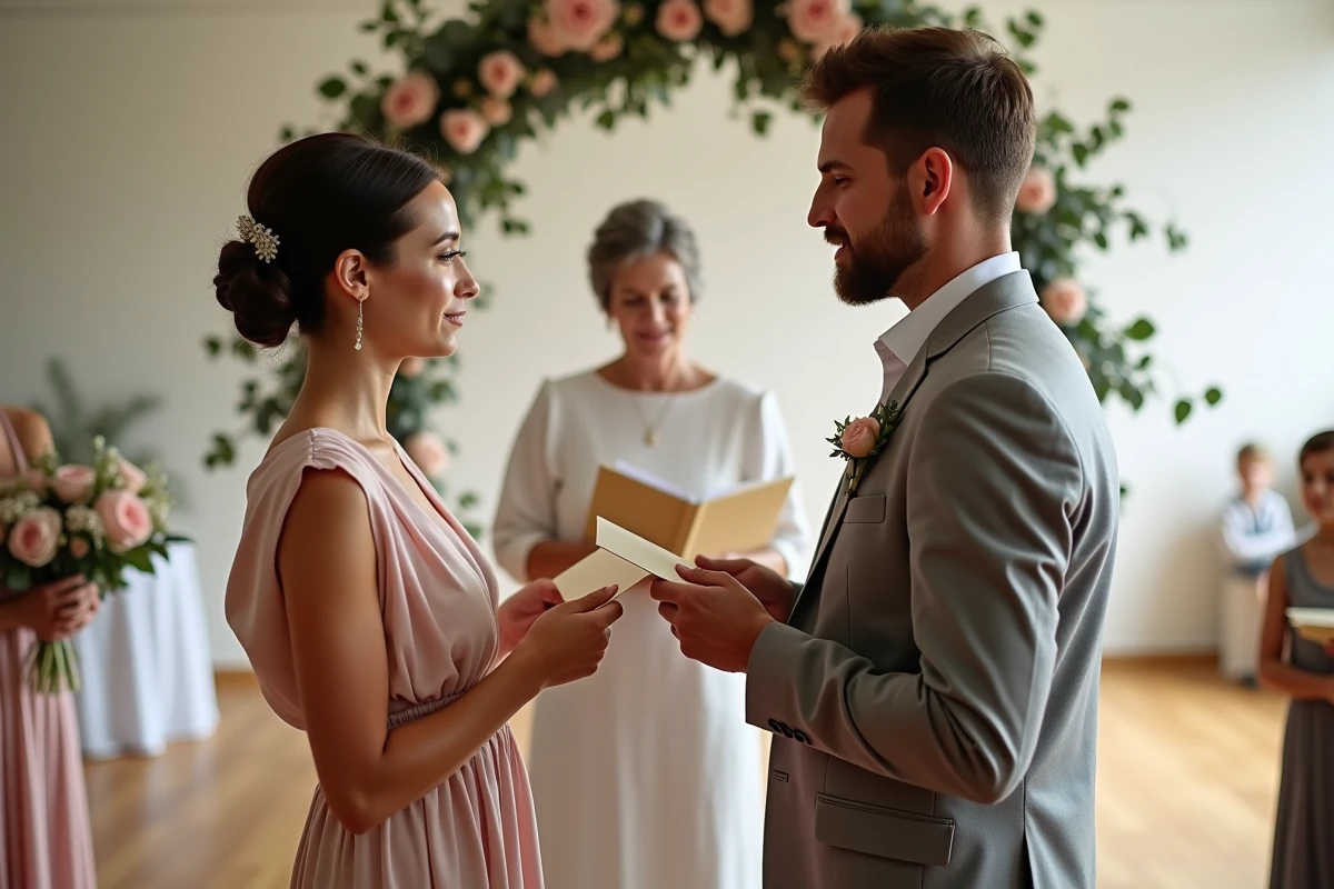 Couple lisant un discours de renouvellement de voeux face à face lors de leur cérémonie de noces de rose après 17 ans
