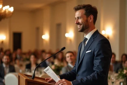 Un homme en costume marine prononce un discours de témoin émouvant lors d'une réception de mariage élégante