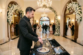 DJ professionnel derrière ses platines à l'entrée d'une salle de mariage décorée avec des guirlandes florales blanches et un sol en marbre poli