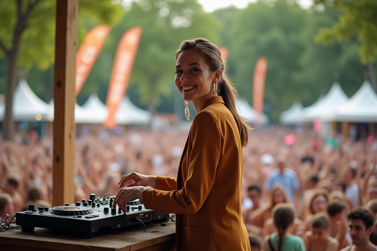 DJ femme souriante animant un festival en plein air