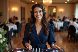 DJ femme en costume navy mixant lors d'un mariage élégant