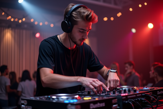 dj-masculin-mixeur-animateur Jeune DJ homme en action avec mixeur moderne lors d'une soirée