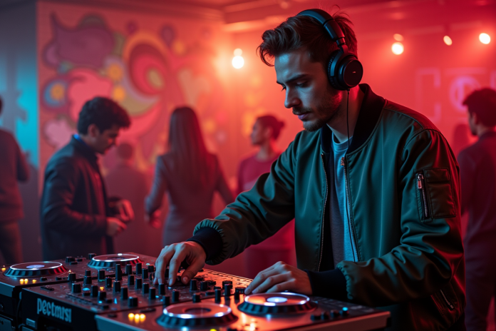 dj-mixeur-club-brick-murale Jeune DJ concentré mixant en club avec mur en briques