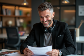 DJ professionnel souriant dans son bureau musique