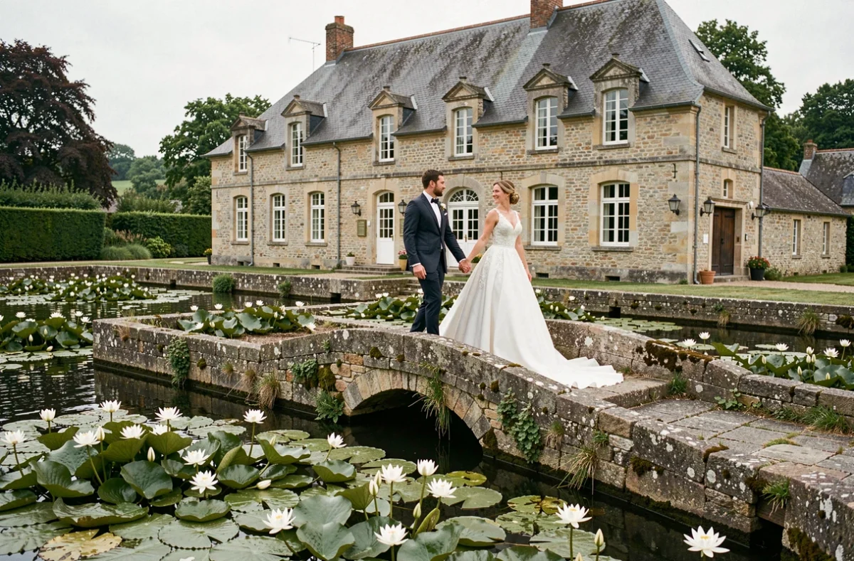 Le Domaine de la Cour des Lys dans le Calvados, couple de mariés traversant un pont en pierre enjambant un fossé fleuri de nénuphars autour du manoir