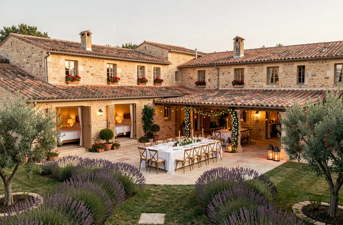 Domaine de la Bouverie en Provence avec terrasse de réception de mariage dressée dans la cour intérieure et cottages d'hébergement en pierre autour du domaine