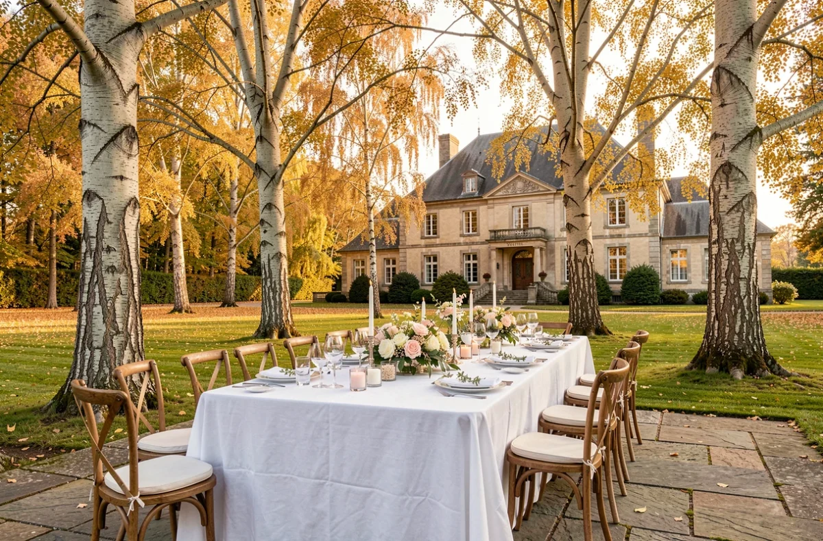Le Domaine des Hêtres dans le Calvados, terrasse de réception décorée avec des tables blanches et la façade du manoir entouré de hêtres en arrière-plan
