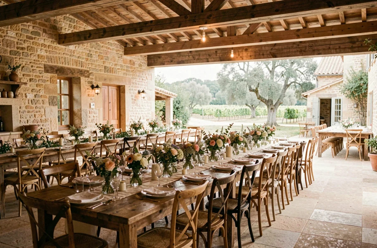 Réception de mariage dans la cour intérieure de la ferme rénovée du Domaine de la Galinière près d'Aix-en-Provence avec tables en bois et décoration florale champêtre