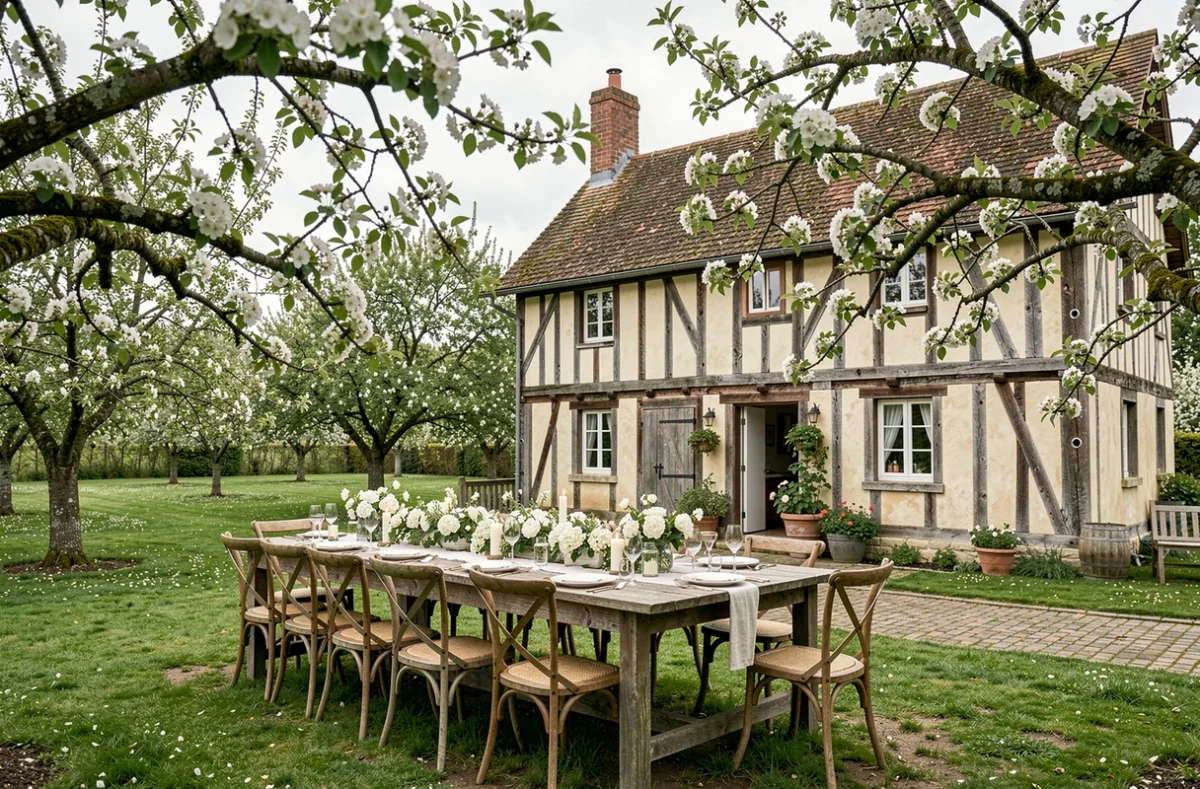Le Domaine de la Pommeraye dans le Calvados, table de banquet dressée sous les pommiers en fleurs avec la ferme normande à colombages en arrière-plan