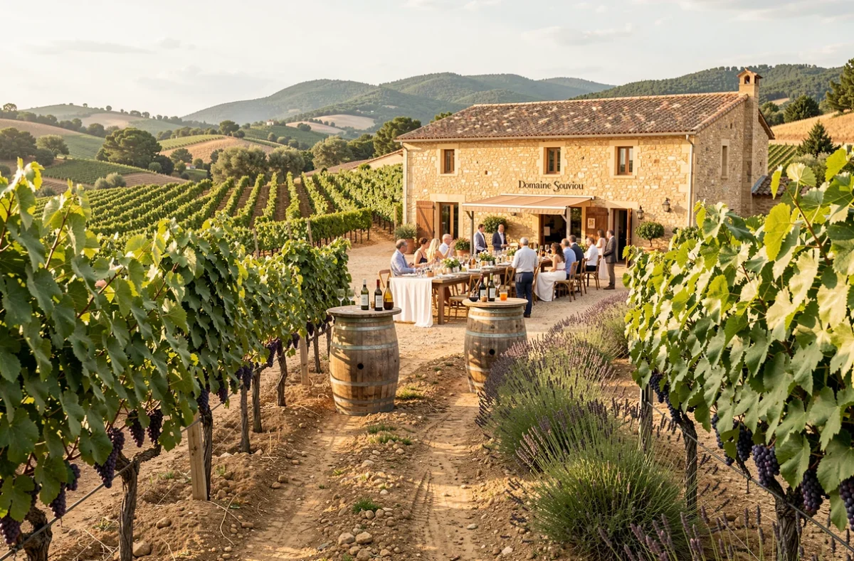 Réception de mariage viticole au Domaine Souviou dans le Var avec tables dressées entre les rangées de vignes et cave en pierre provençale en arrière-plan