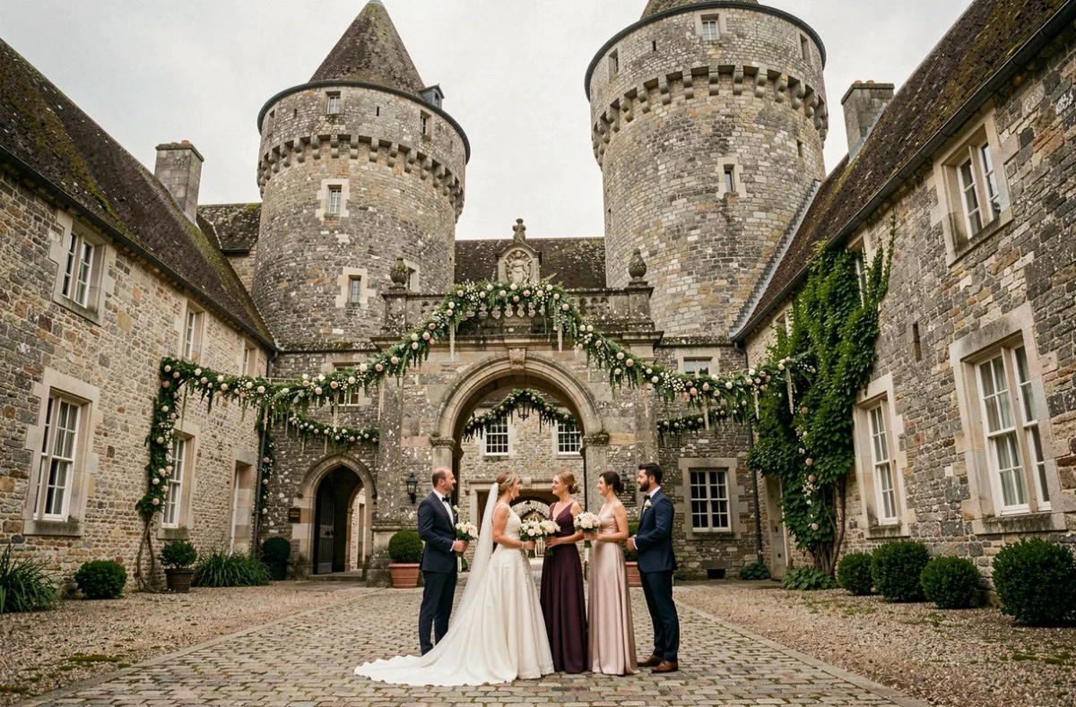 Le Domaine Des Tours Vauquelin dans le Calvados, cour en pierre avec tours médiévales et guirlandes florales pour une réception de mariage