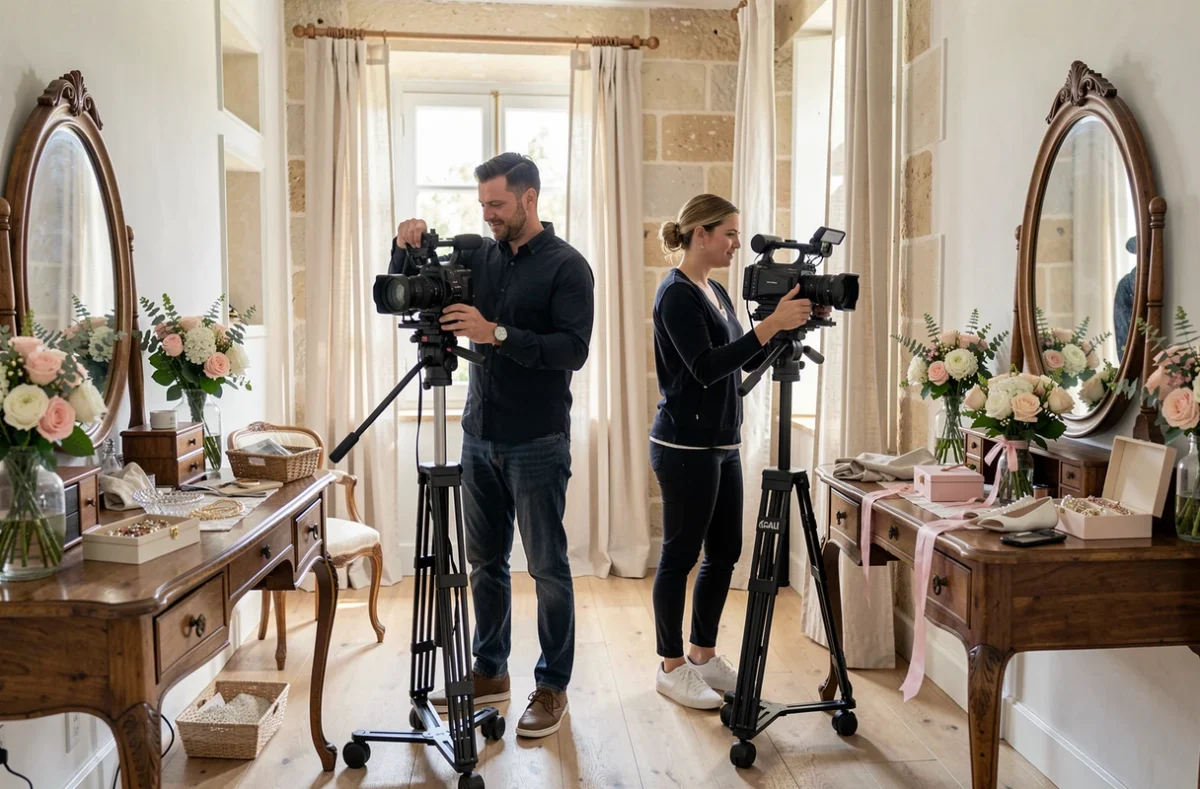 Équipe Écailles Productions filmant les préparatifs d'une mariée dans un domaine de Loire-Atlantique