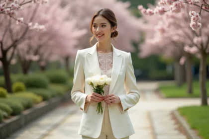 Femme portant un ensemble pantalon mariage ivoire avec chemisier en dentelle dans un jardin fleuri au printemps