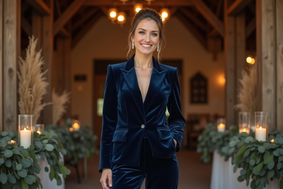 Femme en ensemble pantalon velours bleu marine pour un mariage d'hiver dans une salle décorée chaleureusement