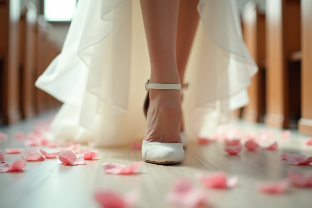 Détail des pieds d'une mariée en escarpins blancs en daim avec bride à la cheville sur parquet de chapelle