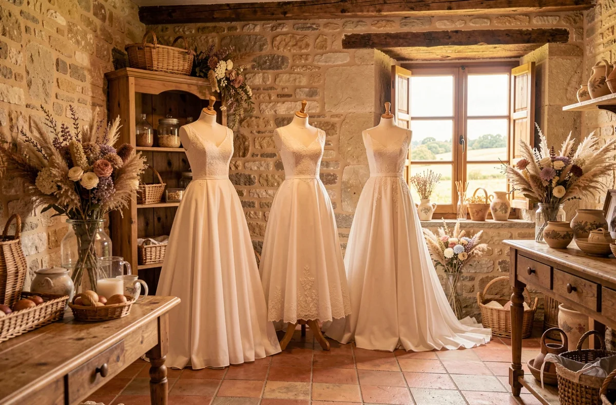 Trois robes de mariée exposées dans la boutique Espace Mariage en Anjou, avec mur en pierre et décoration florale séchée dans un cadre champêtre