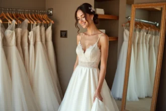 Jeune mariée essayant une robe de mariée simple et élégante dans une petite boutique avec des étiquettes de prix visibles