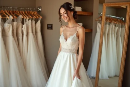 Jeune mariée essayant une robe de mariée simple et élégante dans une petite boutique avec des étiquettes de prix visibles