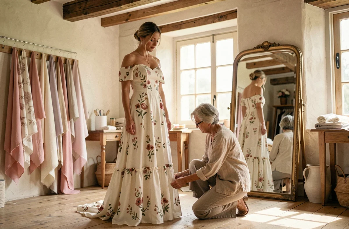 Essayage de robe de mariée bohème fluide dans un atelier de campagne avec couturière