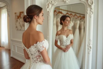Femme essayant une robe de mariée en dentelle ivoire dans une boutique de mariage élégante, reflet dans un miroir
