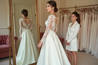 Jeune mariée en robe longue à manches essayant sa robe dans une boutique de mariage avec une couturière ajustant l'ourlet