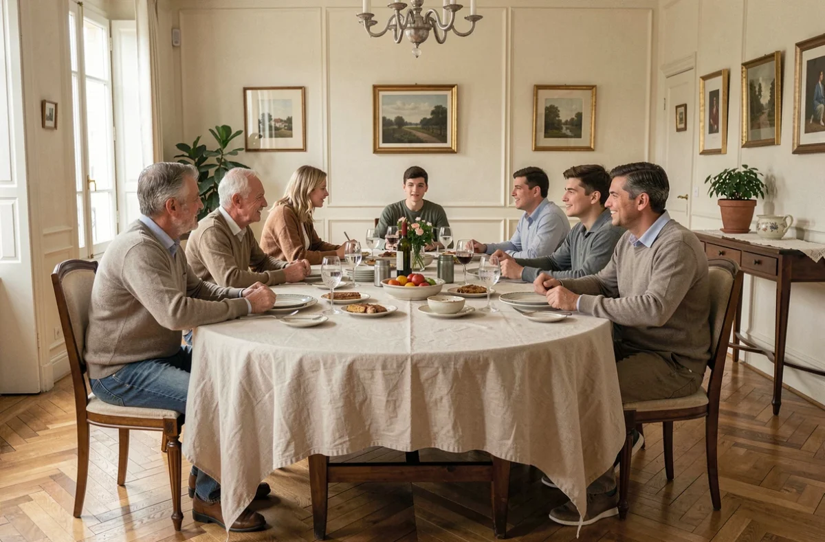 Famille réunie autour d'un repas dominical dans une salle à manger classique, évoquant la vie de famille et les valeurs familiales