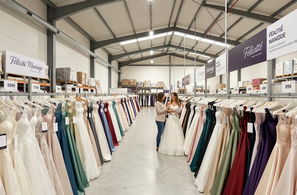 Espace outlet Félicité Mariage près de Nantes avec des rangées de robes de créateurs sur portants, deux femmes en train de choisir parmi la sélection