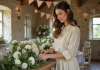 Jeune femme arrangeant des fleurs blanches dans une salle lumineuse