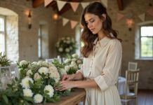 Décorations de mariage : quand et comment les réaliser ? Jeune femme arrangeant des fleurs blanches dans une salle lumineuse