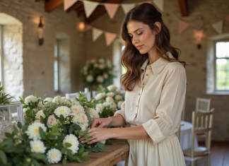 Décorations de mariage : quand et comment les réaliser ? Jeune femme arrangeant des fleurs blanches dans une salle lumineuse