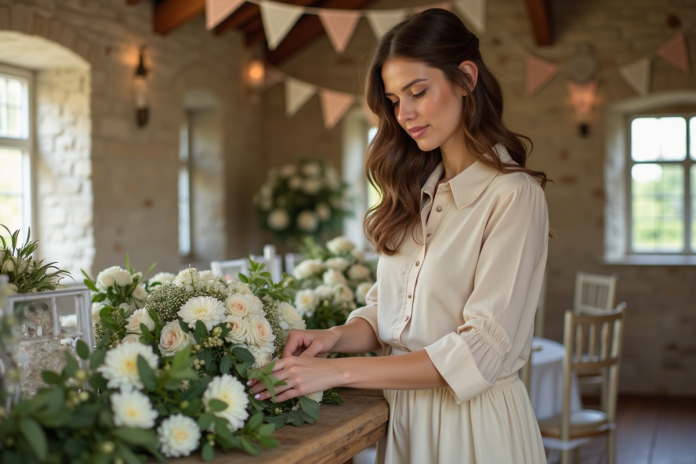 femme-arrange-fleurs-reception Jeune femme arrangeant des fleurs blanches dans une salle lumineuse