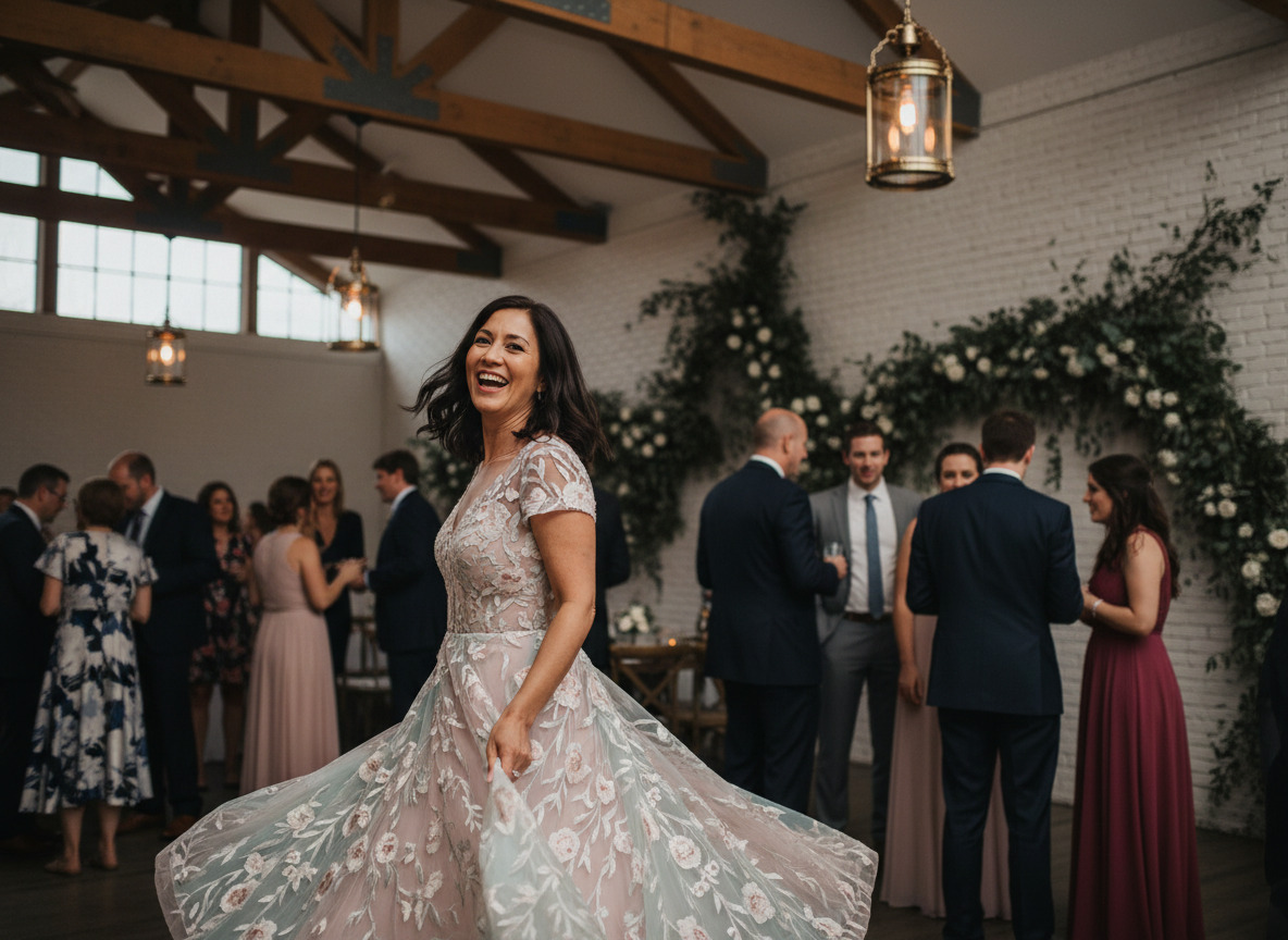 Invitée de mariage en robe pastel en train de danser