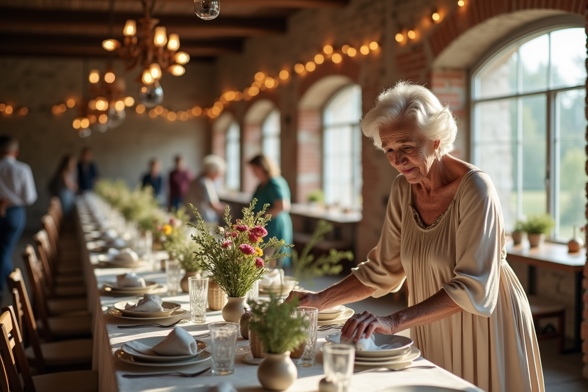 Femme âgée arrangeant des fleurs sur une table rustique