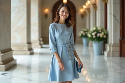 Femme élégante dans un intérieur de mairie avec colonnes en marbre