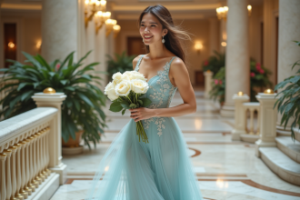 Femme élégante en robe pastel dans un hall luxueux