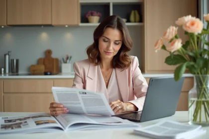 Femme en blouse pastel étudie annonces de mariage