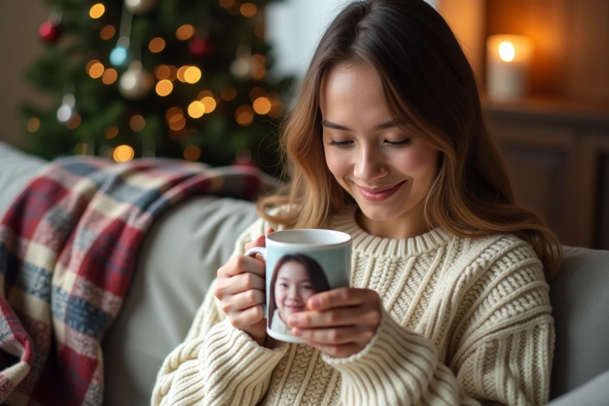Femme souriante tenant un gobelet personnalisé avec photo imprimée, assise dans un salon décoré pour Noël avec un plaid et un sapin en arrière-plan