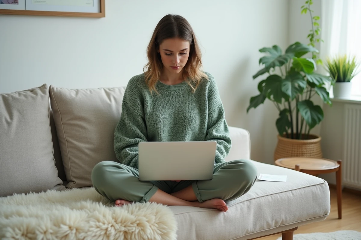 Femme introvertie planifiant son mariage en ligne depuis son canapé dans un appartement minimaliste et serein