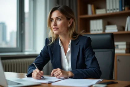 Femme journaliste professionnelle assise à un bureau éditorial moderne, exprimant assurance et sérieux