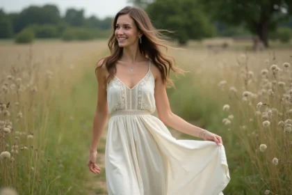 Femme en robe de lin marchant dans un champ de fleurs sauvages