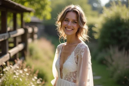 Femme souriante en robe de mariage bohème dans un jardin