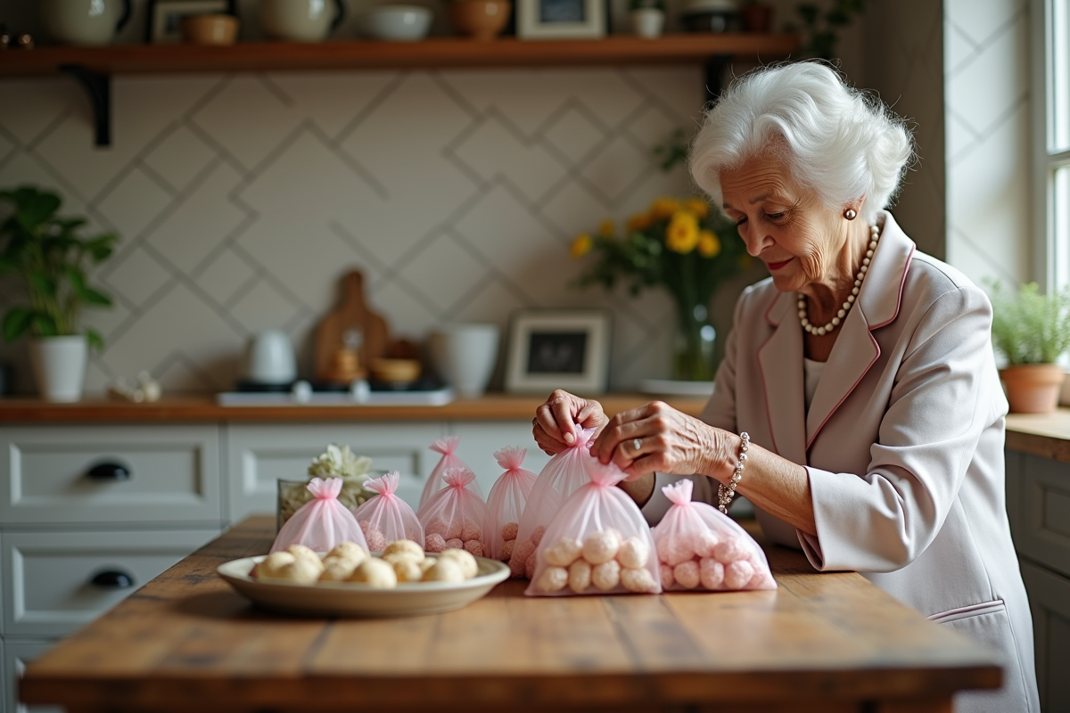 Femme âgée préparant des dragées dans une cuisine chaleureuse
