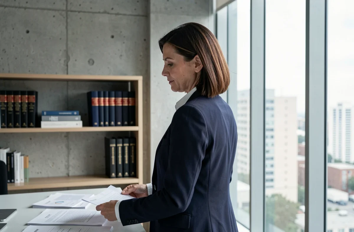 Femme professionnelle en veste marine dans un bureau épuré, posture réservée symbolisant la discrétion et le refus d'exposition médiatique