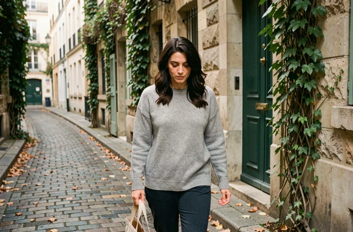 Femme marchant seule dans une ruelle parisienne pavée, attitude naturelle et non mise en scène évoquant le choix de la vie privée