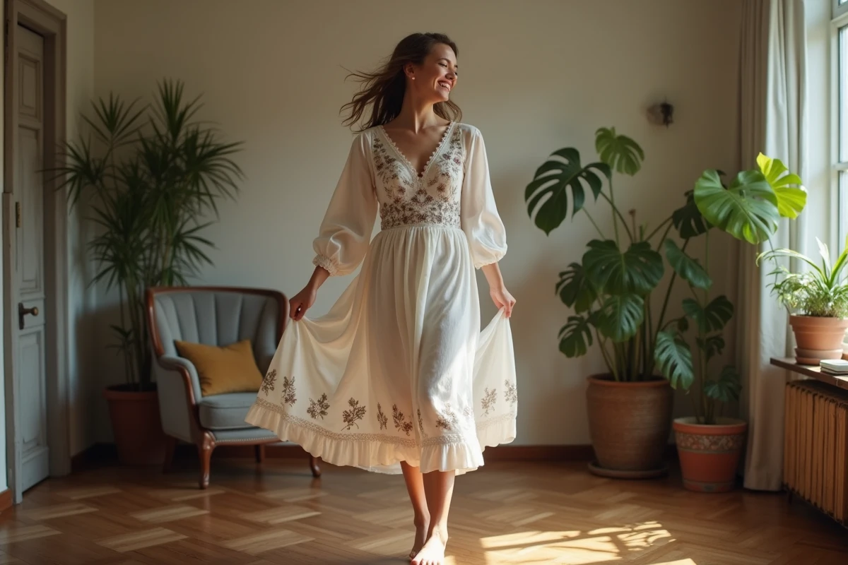 Jeune femme en robe de mariage dans un salon cosy