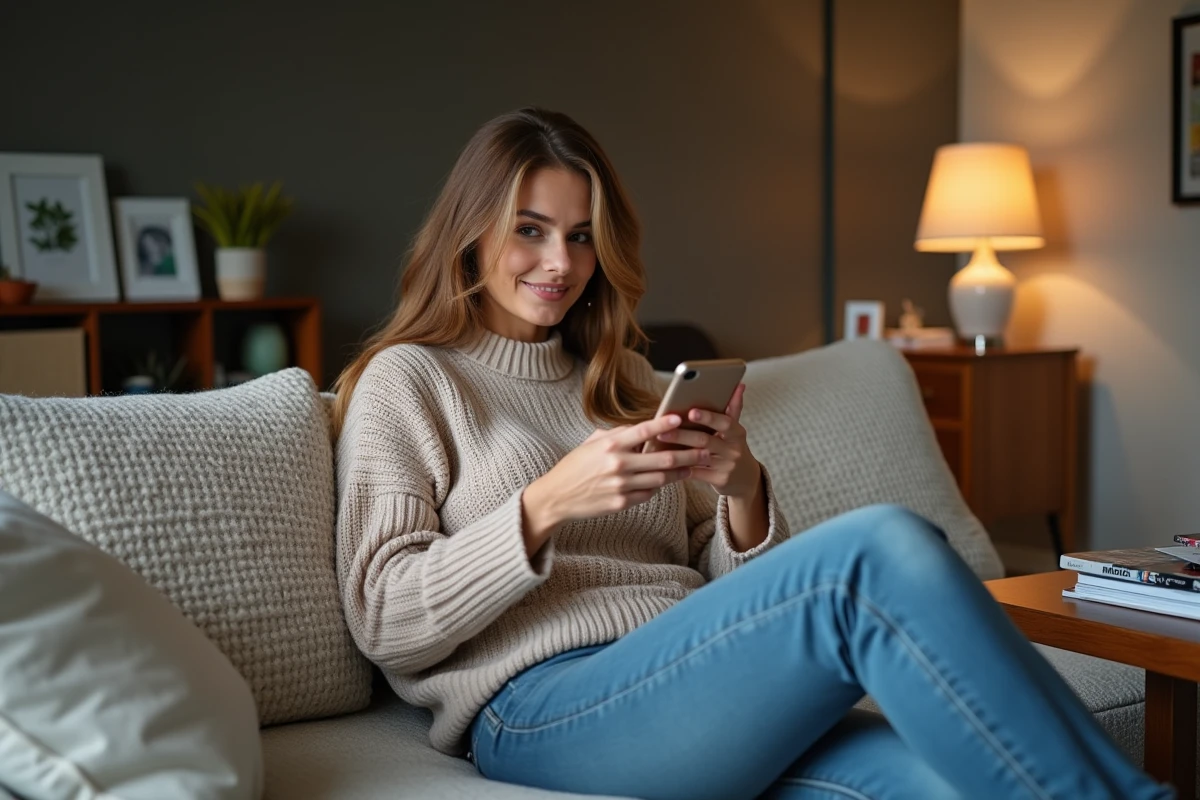 Femme assise sur un canapé regardant son smartphone dans un salon cosy